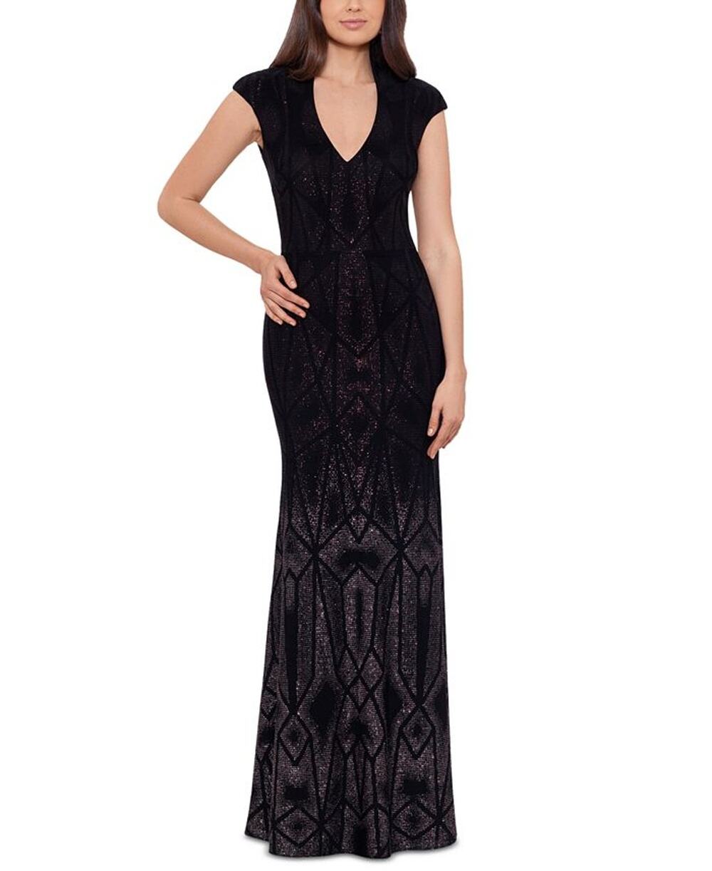 Betsy & Adam Women's 14 Black Ombré Cap-Sleeve Glitter Evening Gown OS16-6